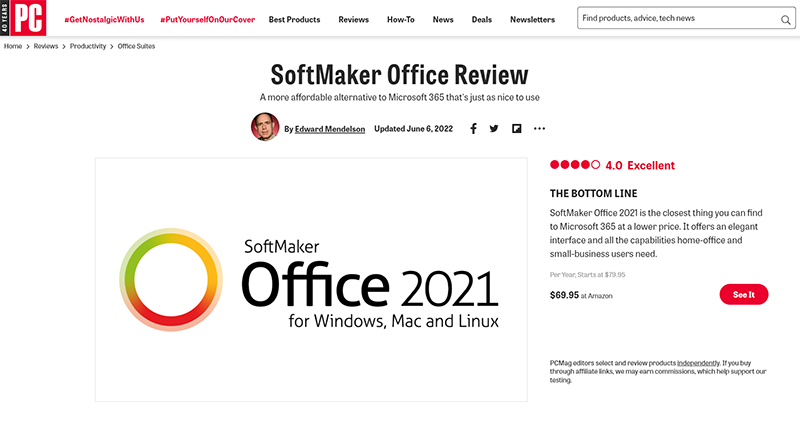 SoftMaker Office review earns 4 out of 5 stars by PC Magazine -  Alternative2Office