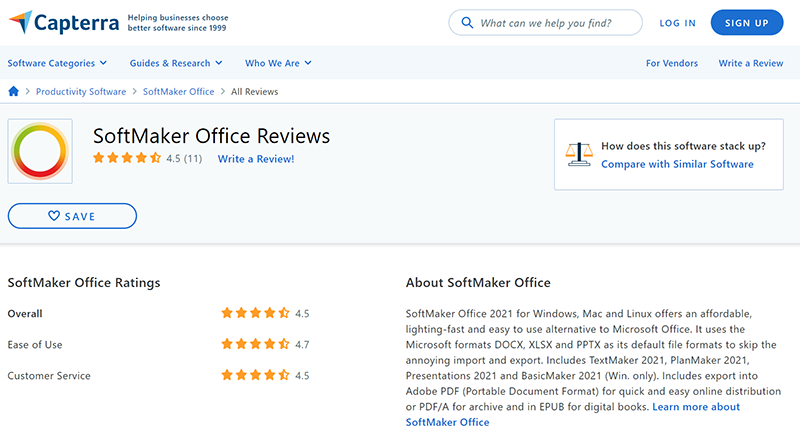 SoftMaker Office earns  out of 5 stars by users at Capterra -  Alternative2Office