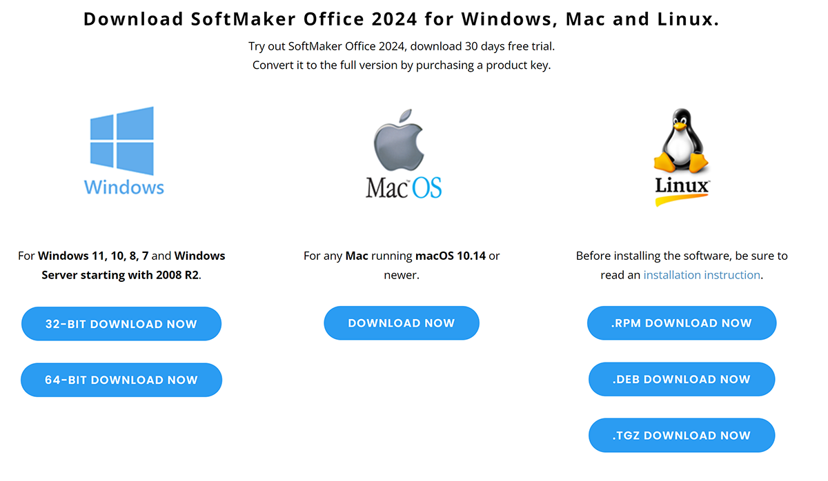 Download and installation guides for SoftMaker Office 2024 for Windows